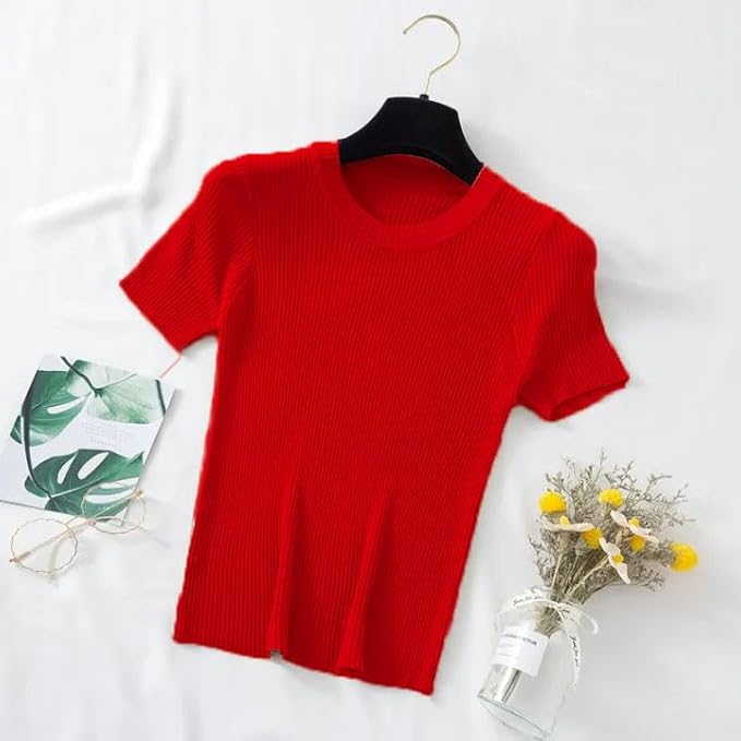istyle can women?s slim fit solid rib knit stretchable top | round neck short sleeve tee | plain fitted t shirt for casual, office with high stretch | regular top for girls & women istyle can women?s slim fit solid rib knit stretchable top | round neck short sleeve tee | plain fitted t shirt for casual, office with high stretch | regular top for girls & women