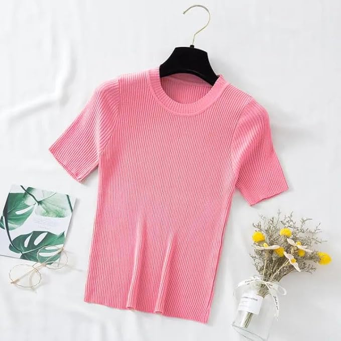 istyle can women?s slim fit solid rib knit stretchable top | round neck short sleeve tee | plain fitted t shirt for casual, office with high stretch | regular top for girls & women istyle can women?s slim fit solid rib knit stretchable top | round neck short sleeve tee | plain fitted t shirt for casual, office with high stretch | regular top for girls & women