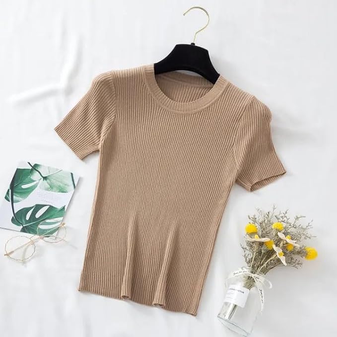istyle can women?s slim fit solid rib knit stretchable top | round neck short sleeve tee | plain fitted t shirt for casual, office with high stretch | regular top for girls & women istyle can women?s slim fit solid rib knit stretchable top | round neck short sleeve tee | plain fitted t shirt for casual, office with high stretch | regular top for girls & women