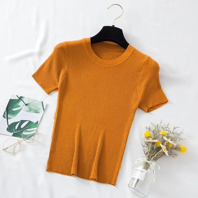istyle can women?s slim fit solid rib knit stretchable top | round neck short sleeve tee | plain fitted t shirt for casual, office with high stretch | regular top for girls & women istyle can women?s slim fit solid rib knit stretchable top | round neck short sleeve tee | plain fitted t shirt for casual, office with high stretch | regular top for girls & women