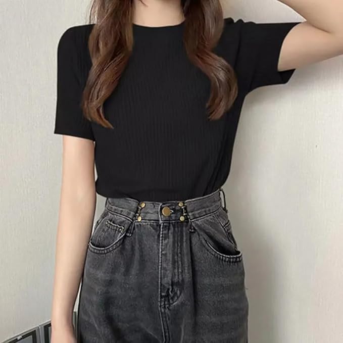 istyle can women?s slim fit solid rib knit stretchable top | round neck short sleeve tee | plain fitted t shirt for casual, office with high stretch | regular top for girls & women istyle can women?s slim fit solid rib knit stretchable top | round neck short sleeve tee | plain fitted t shirt for casual, office with high stretch | regular top for girls & women