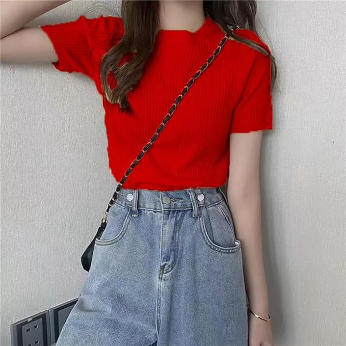 istyle can women?s slim fit solid rib knit stretchable top | round neck short sleeve tee | plain fitted t shirt for casual, office with high stretch | regular top for girls & women istyle can women?s slim fit solid rib knit stretchable top | round neck short sleeve tee | plain fitted t shirt for casual, office with high stretch | regular top for girls & women