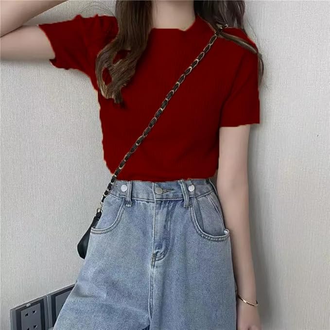 istyle can women?s slim fit solid rib knit stretchable top | round neck short sleeve tee | plain fitted t shirt for casual, office with high stretch | regular top for girls & women istyle can women?s slim fit solid rib knit stretchable top | round neck short sleeve tee | plain fitted t shirt for casual, office with high stretch | regular top for girls & women