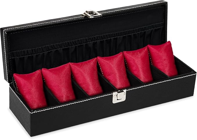 storeshine men's and women's leatherette watch organizer holder case for 6 watches, removable watch pillows, watch box holder, gift for loved ones (black::maroon) storeshine men's and women's leatherette watch organizer holder case for 6 watches, removable watch pillows, watch box holder, gift for loved ones (black::maroon)