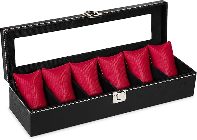 storeshine men's and women's leatherette watch organizer holder case for 6 watches, removable watch pillows, watch box holder, gift for loved ones (black::red) storeshine men's and women's leatherette watch organizer holder case for 6 watches, removable watch pillows, watch box holder, gift for loved ones (black::red)