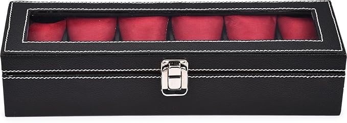 storeshine men's and women's leatherette watch organizer holder case for 6 watches, removable watch pillows, watch box holder, gift for loved ones (black::red) storeshine men's and women's leatherette watch organizer holder case for 6 watches, removable watch pillows, watch box holder, gift for loved ones (black::red)