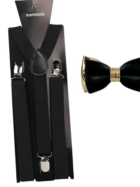 silk satin & gold faux bow tie bowtie + elastic suspenders braces pocket squares for men