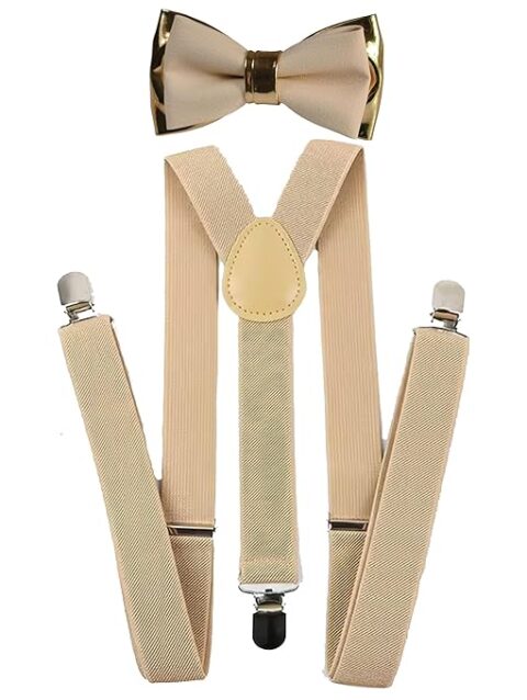 silk satin & gold faux bow tie bowtie + elastic suspenders braces pocket squares for men